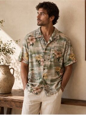 VTG Green Floral Hawaiian Short-Sleeve Button-Down Shirt